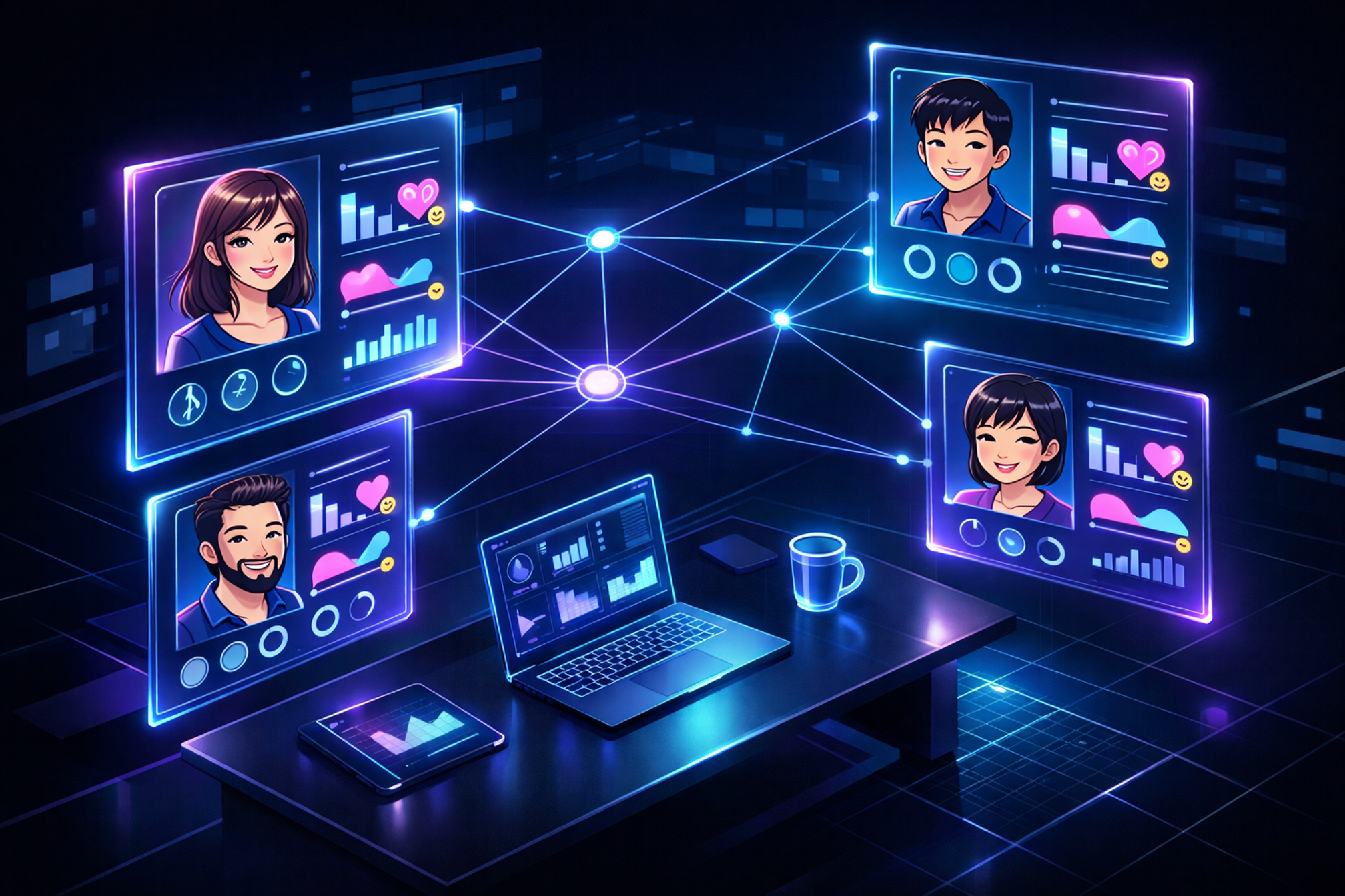futuristic digital workspace with holographic client avatar profiles