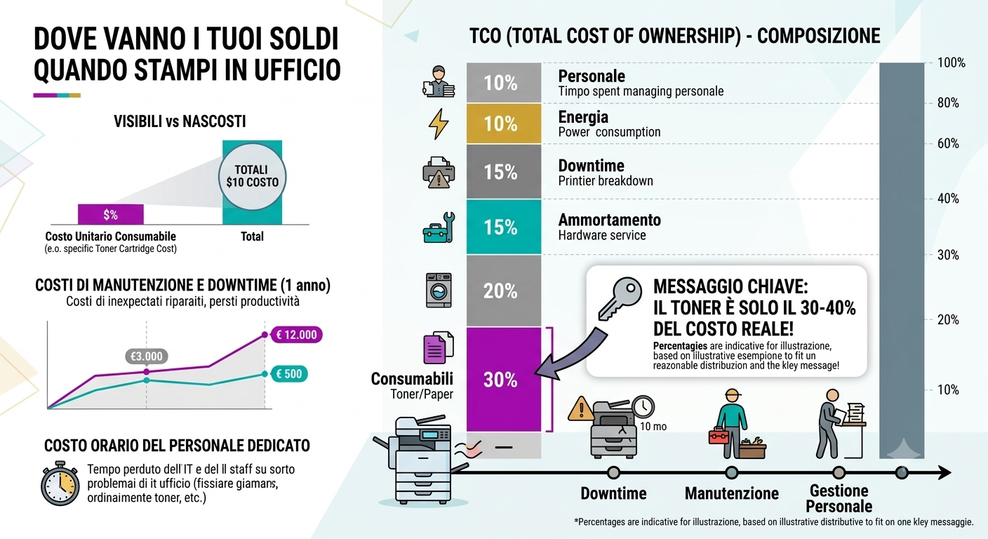 Infografica TCO stampa aziendale: composizione dei costi reali per foglio di una stampante laser da ufficio