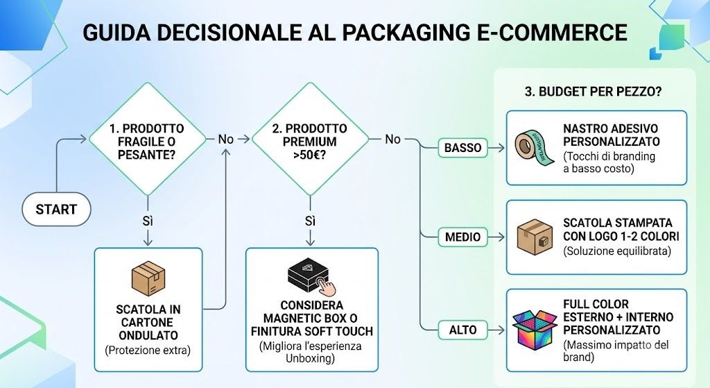 Schema decisionale per la scelta del packaging ecommerce in base al prodotto e al budget