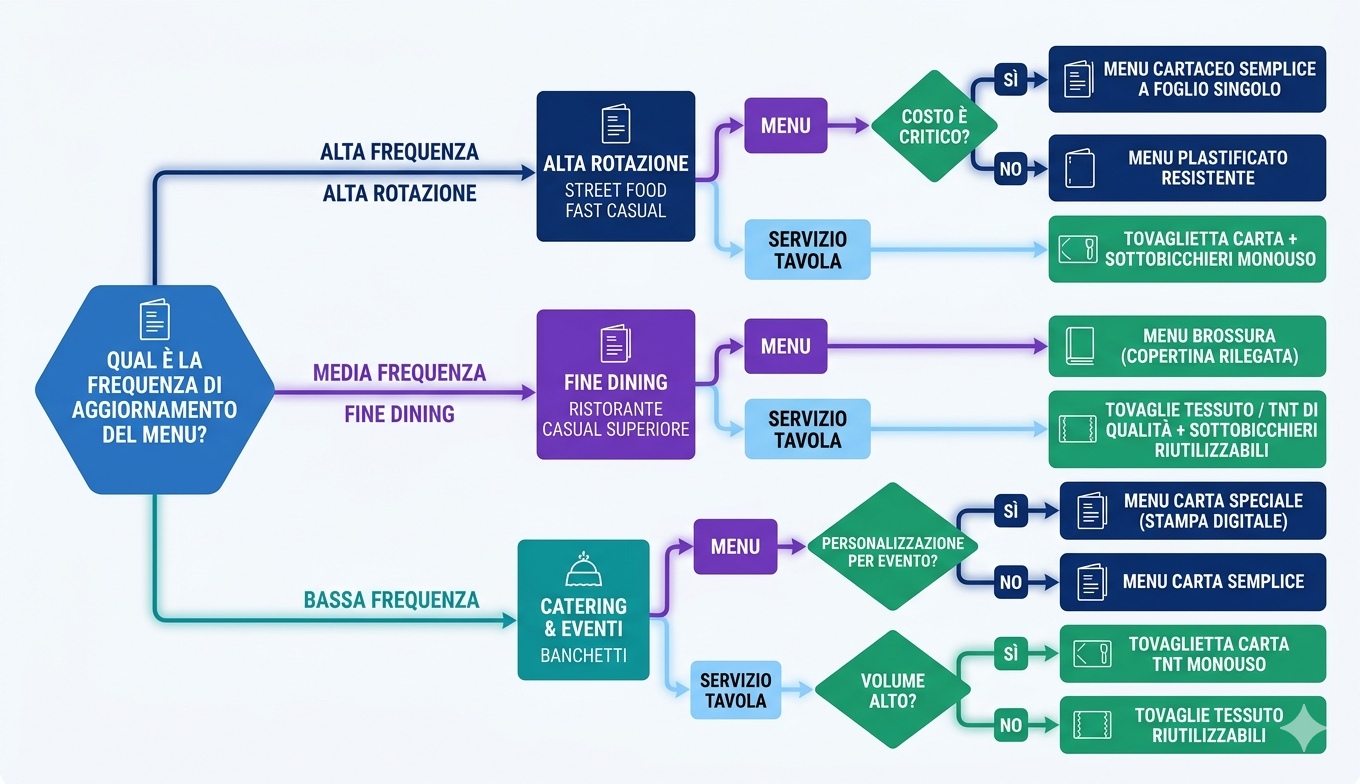 Schema decisionale per scegliere i materiali da tavola stampati per ristoranti