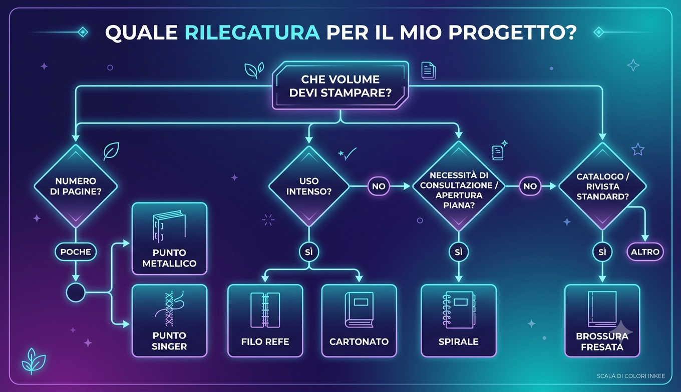 Schema decisionale per scegliere la rilegatura di libri e cataloghi in base a pagine, uso e formato