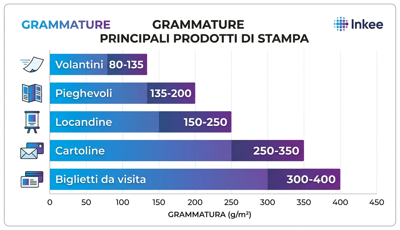 Grafico comparativo grammature carta per prodotto di stampa: da volantini a biglietti da visita