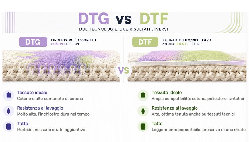 Confronto tra stampa DTG e DTF: inchiostro assorbito nelle fibre contro film applicato in superficie
