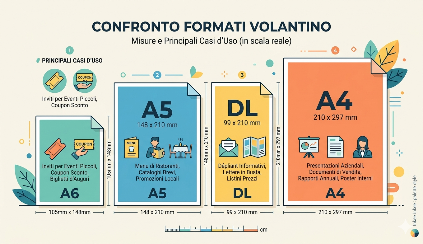 Confronto dimensioni volantino: formati A6, A5, DL e A4 in scala