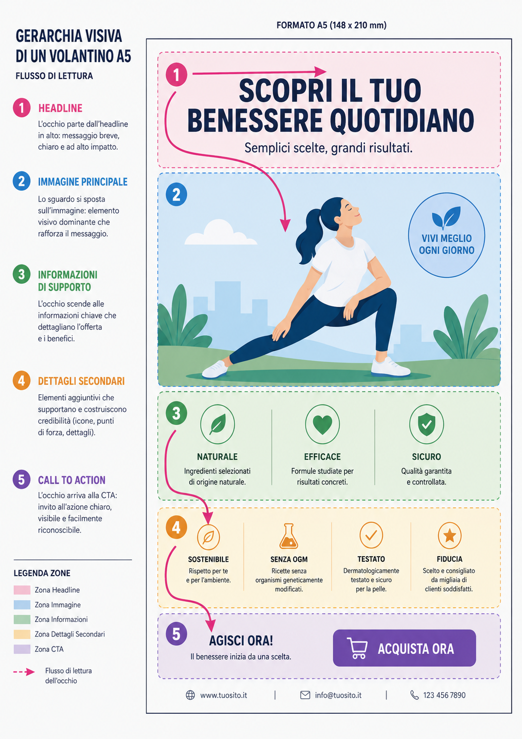 Schema gerarchia visiva volantino: flusso di lettura dall'headline alla call to action