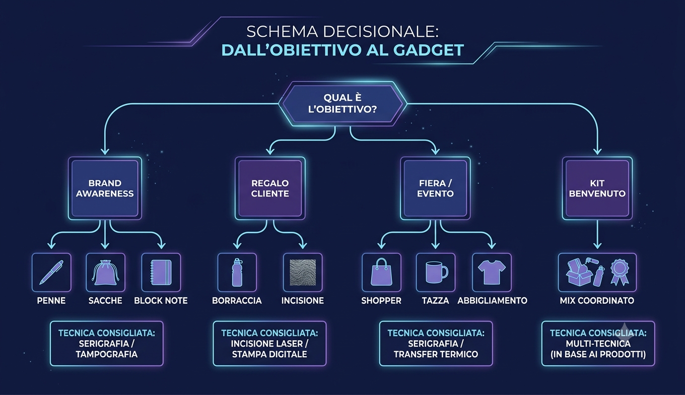 Schema decisionale dall'obiettivo di comunicazione alla scelta del gadget personalizzato