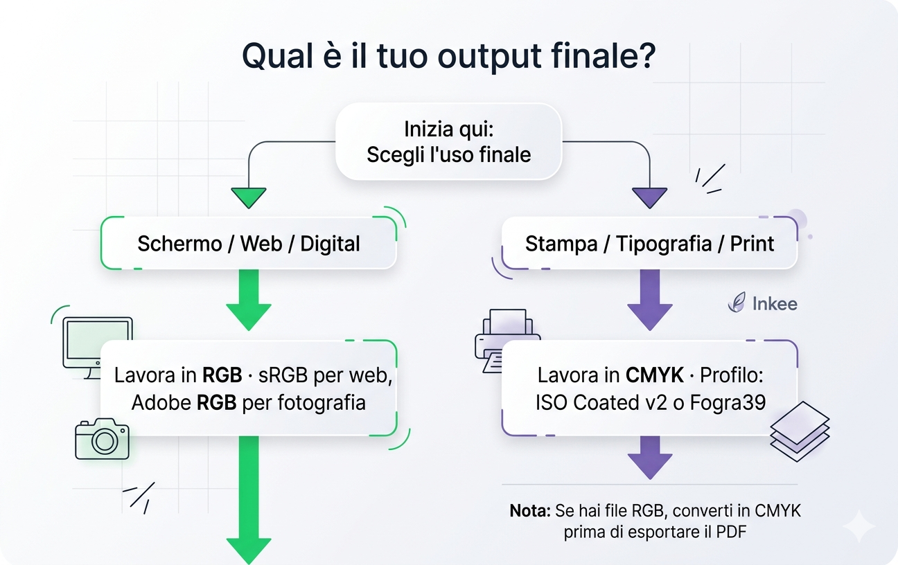 Diagramma del gamut colore: confronto tra spazio RGB e spazio CMYK con evidenziazione dei colori out of gamut