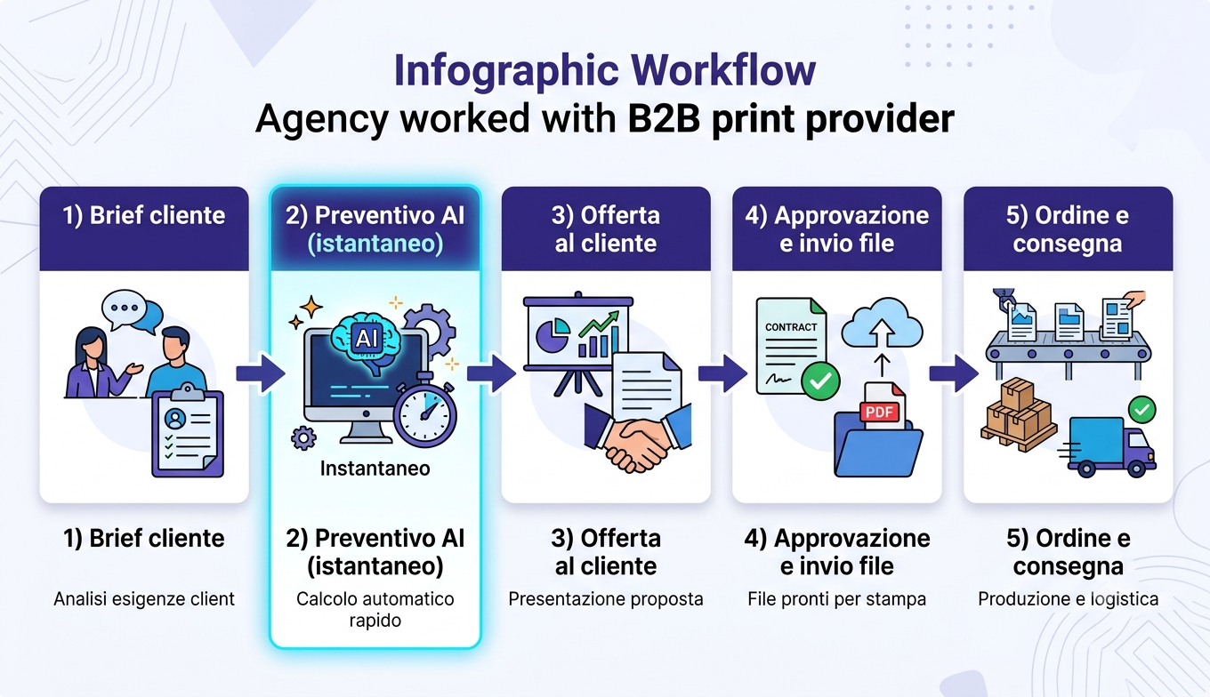 Workflow di un'agenzia di comunicazione dalla brief cliente all'ordine di stampa online