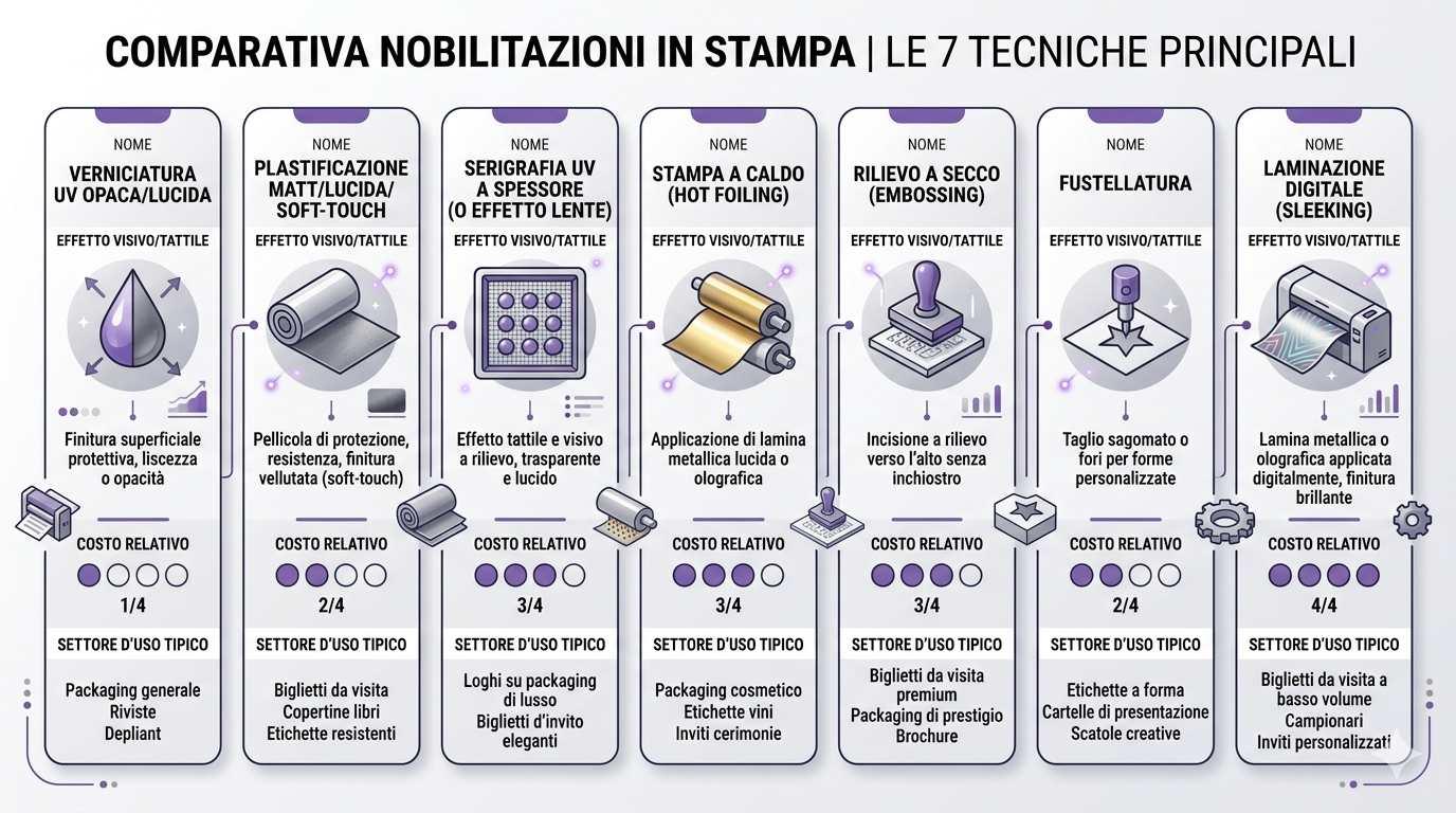 Confronto visivo delle nobilitazioni stampa: plastificazione opaca, lucida, soft-touch, spot UV, stampa a caldo e goffratura
