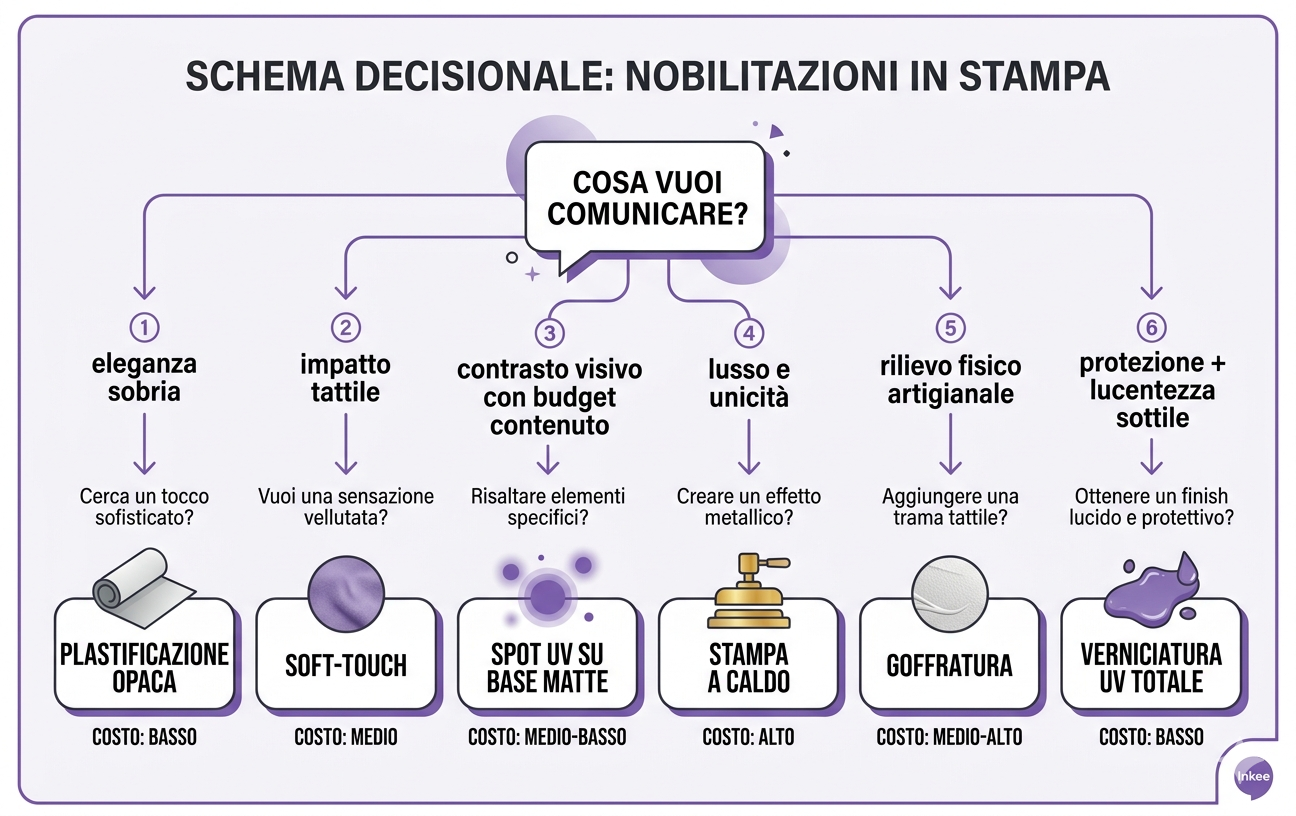 Schema decisionale per scegliere la nobilitazione stampa giusta in base all'obiettivo di comunicazione