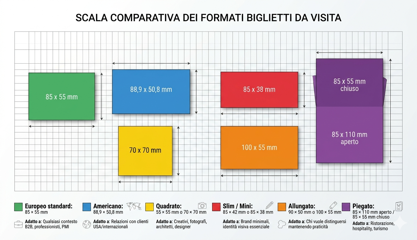 Infografica dimensioni biglietti da visita a confronto: formati europeo, americano, quadrato, slim, allungato e piegato in scala