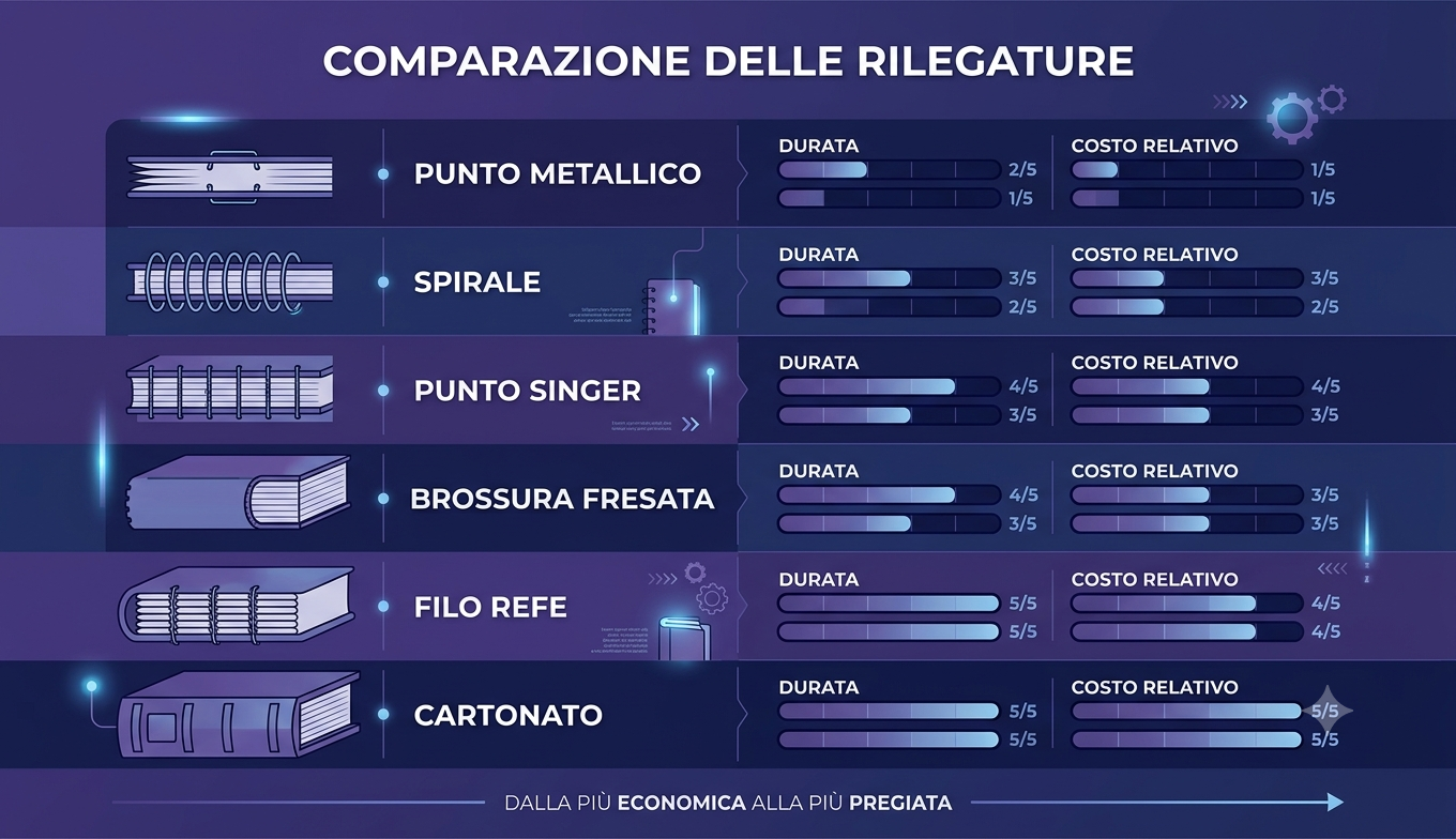 Confronto visivo tra le rilegature per libri e cataloghi per durata e costo relativo