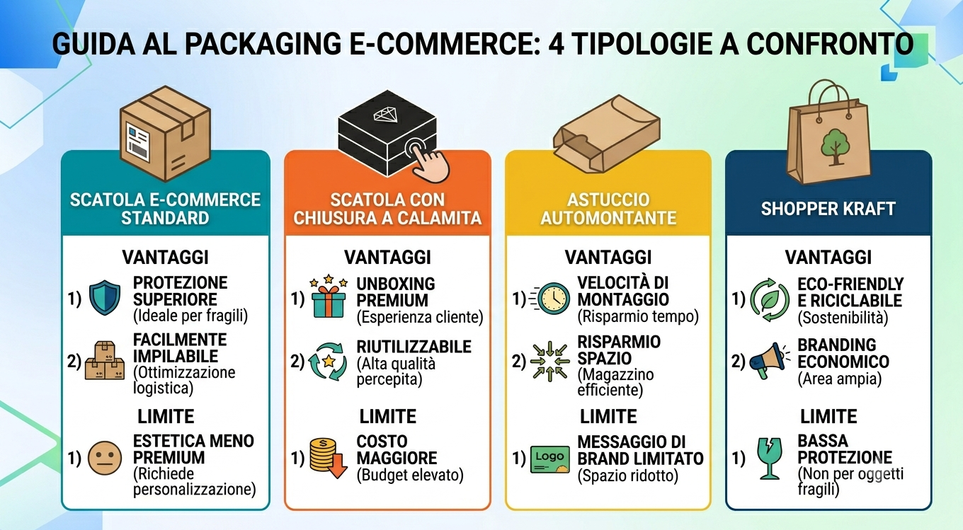 Confronto tipologie packaging ecommerce: scatola standard, magnetic box, astuccio, shopper carta