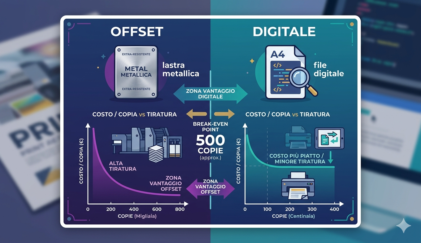 Confronto costo per copia stampa offset vs stampa digitale al variare della tiratura