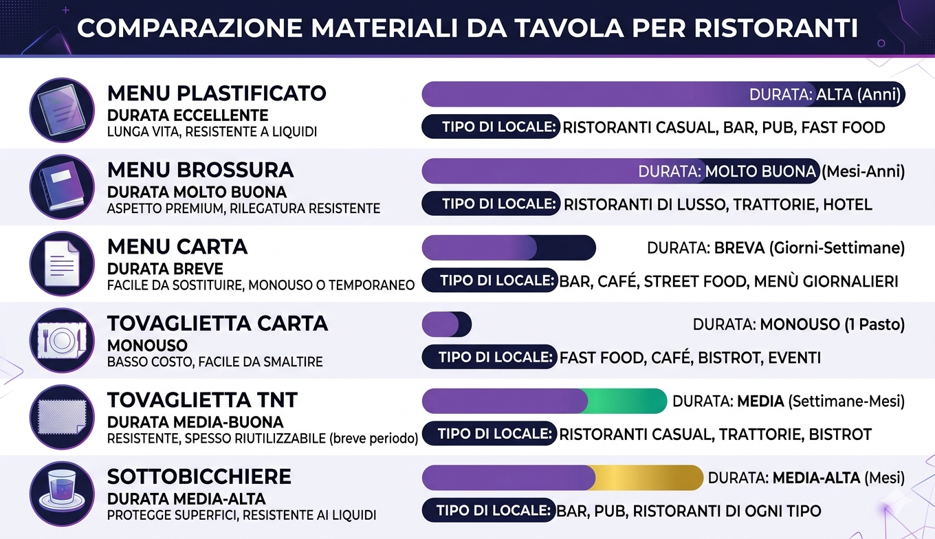 Infografica materiali stampa per ristoranti: menu, tovagliette e sottobicchieri a confronto