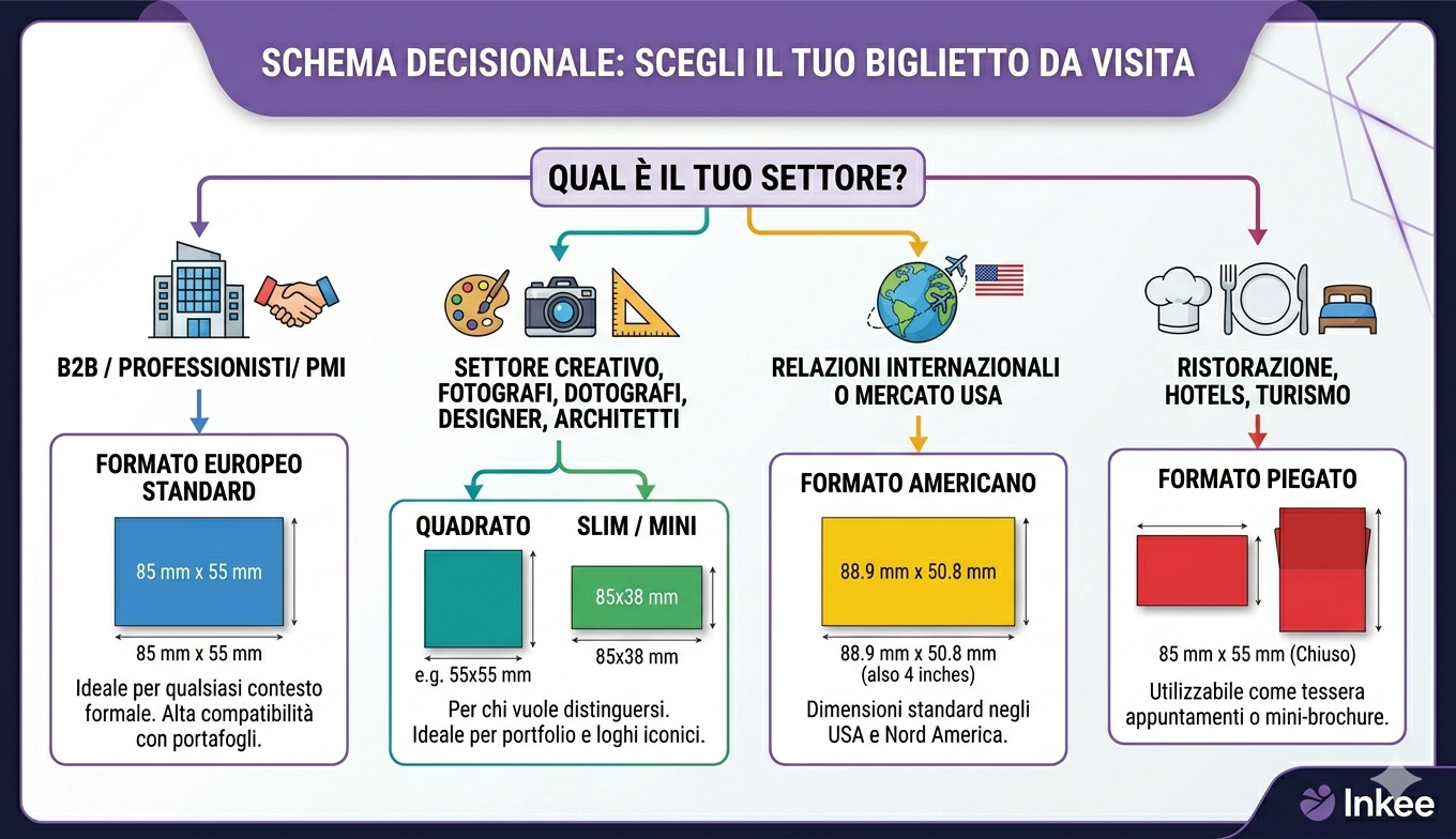 Schema decisionale per scegliere il formato biglietto da visita in base al settore e al posizionamento del brand
