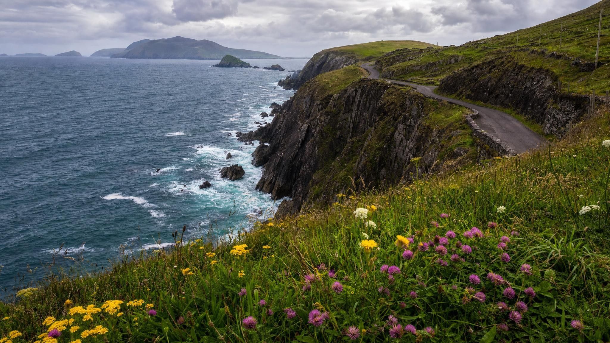 A dramatic coastal road winding along steep green cliffs above the Atlantic Ocean on the Dingle Peninsula