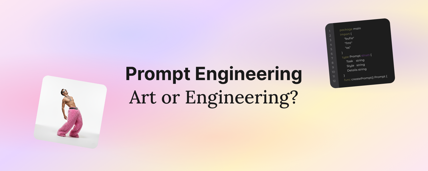 Main hero image for a blog post titled “Prompt Engineering: Art or Engineering?”, featuring a soft pastel gradient background with a creative dancer visual on the left and a floating code snippet on the right, representing the intersection of creativity and technical precision.