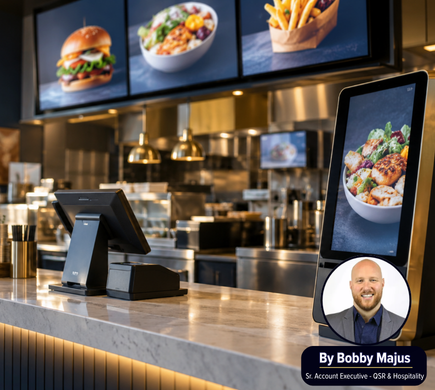 POS terminal and self-order kiosk at a quick-service restaurant counter, with digital menu boards above