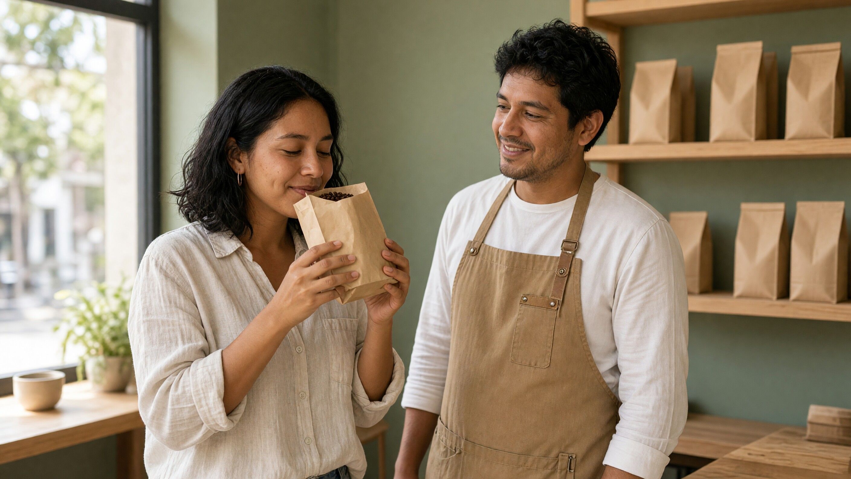 Customer smelling a freshly opened bag of whole-bean coffee next to a smiling barista, shelves of kraft coffee bags behind them