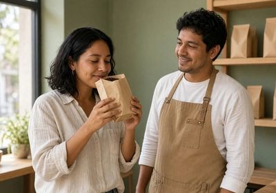 Customer smelling a freshly opened bag of whole-bean coffee next to a smiling barista, shelves of kraft coffee bags behind them