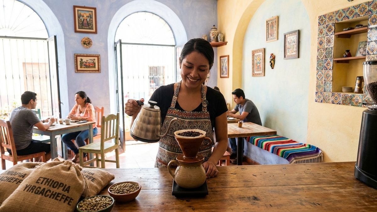 伝統的なジェベナの粘土ポット、焙煎したての豆、編み込みトレイに並べられた小さなカップが温かく本格的な雰囲気のエチオピアコーヒーセレモニー