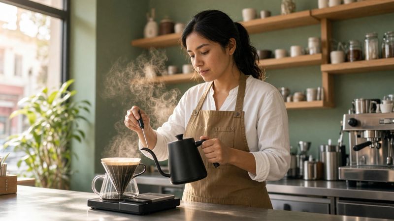 Barista vérifiant la température de l'eau avec un thermomètre à sonde au-dessus d'un filtre fumant, une bouilloire à col de cygne à la main