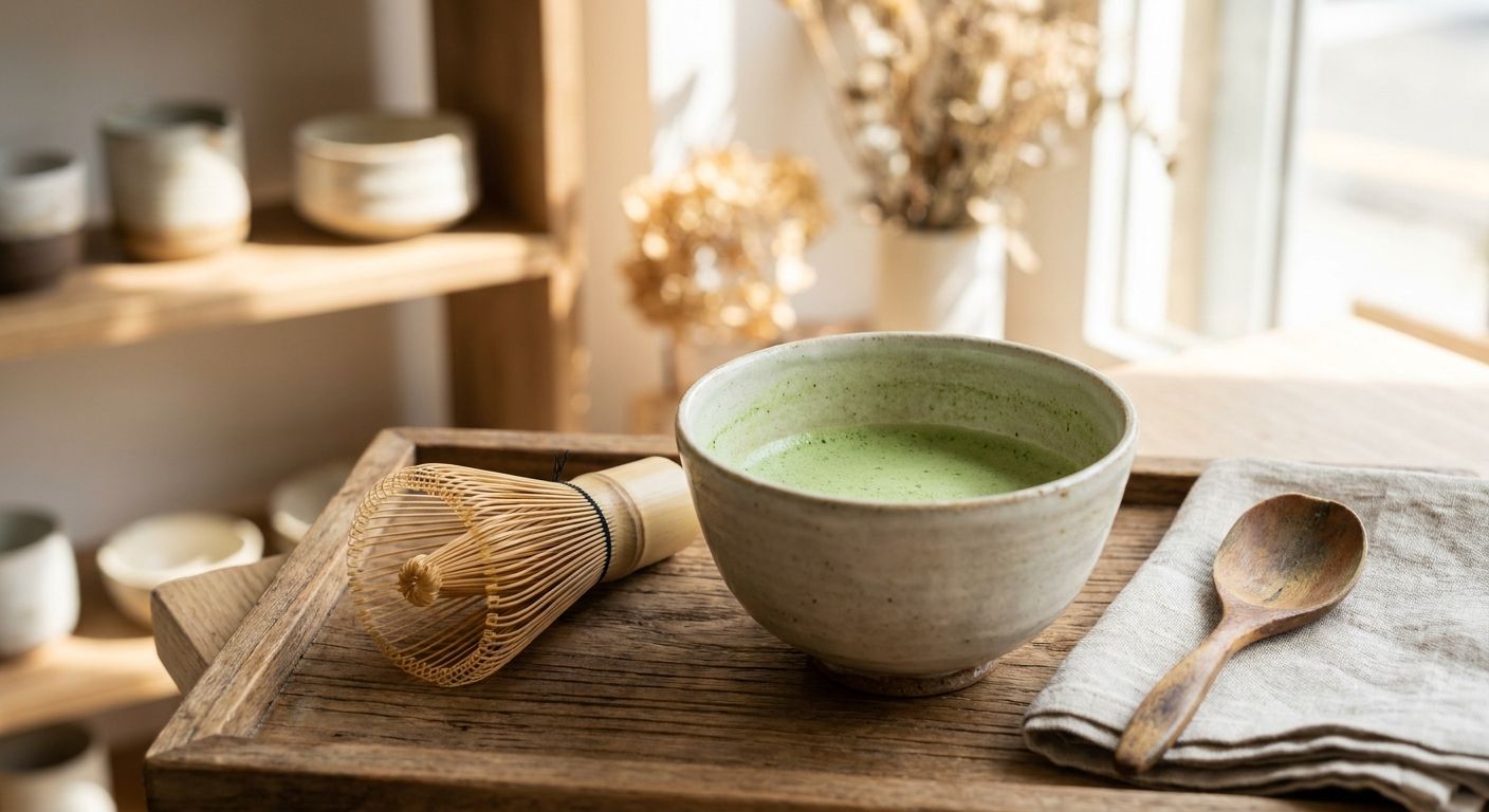 Ceremonial matcha bowl with bamboo chasen whisk