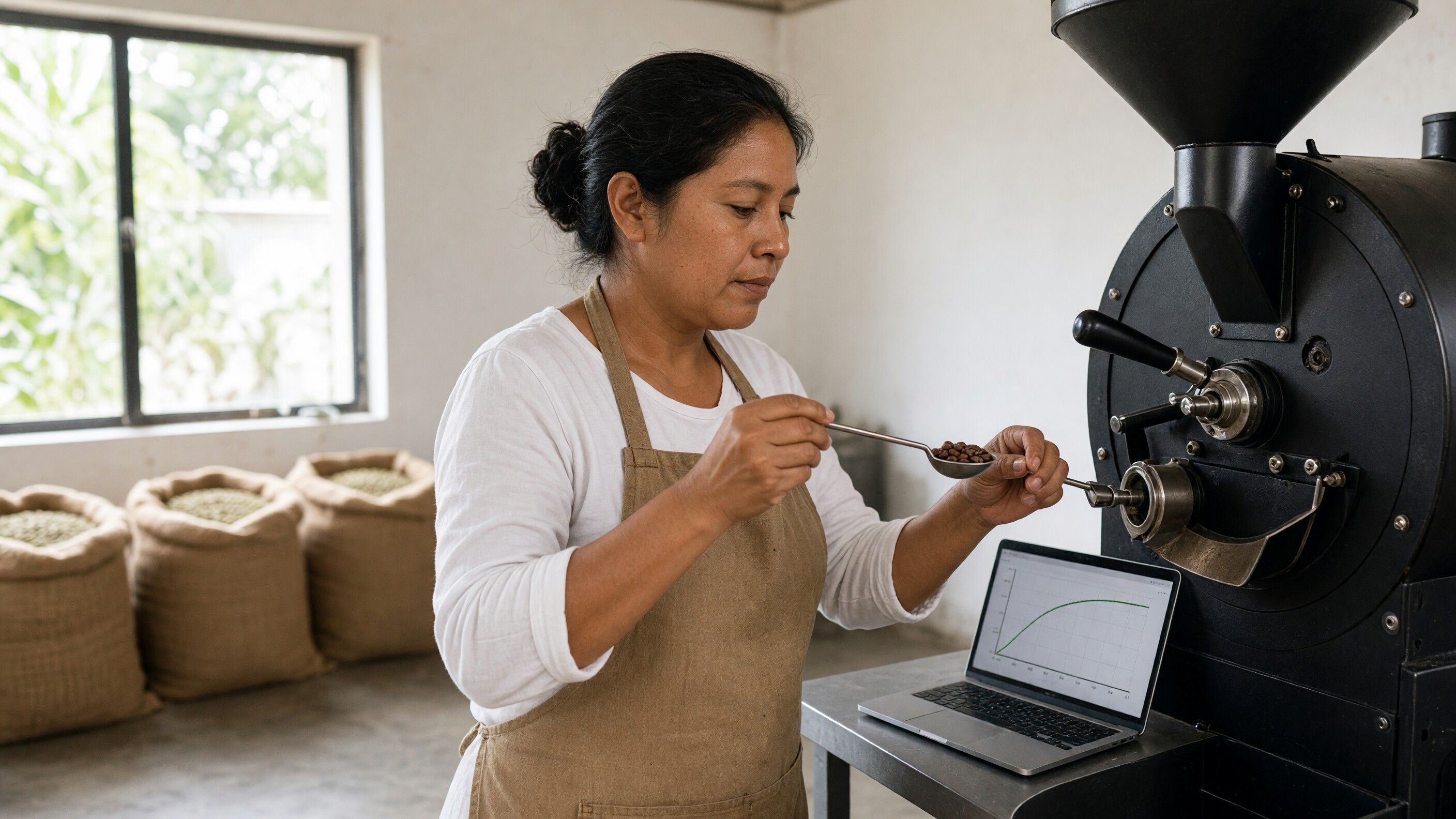Coffee roaster inspecting a sample of beans pulled from a drum roaster, with a roast curve on a laptop nearby