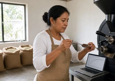 Coffee roaster inspecting a sample of beans pulled from a drum roaster, with a roast curve on a laptop nearby