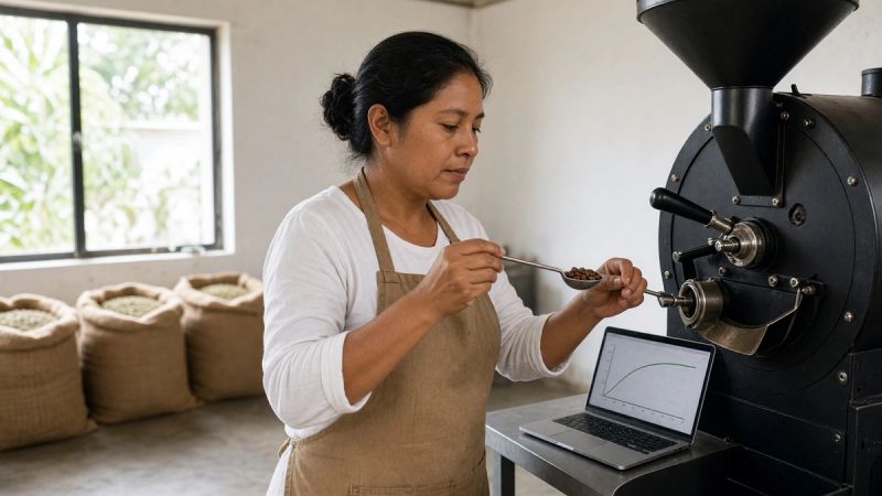 Coffee roaster inspecting a sample of beans pulled from a drum roaster, with a roast curve on a laptop nearby