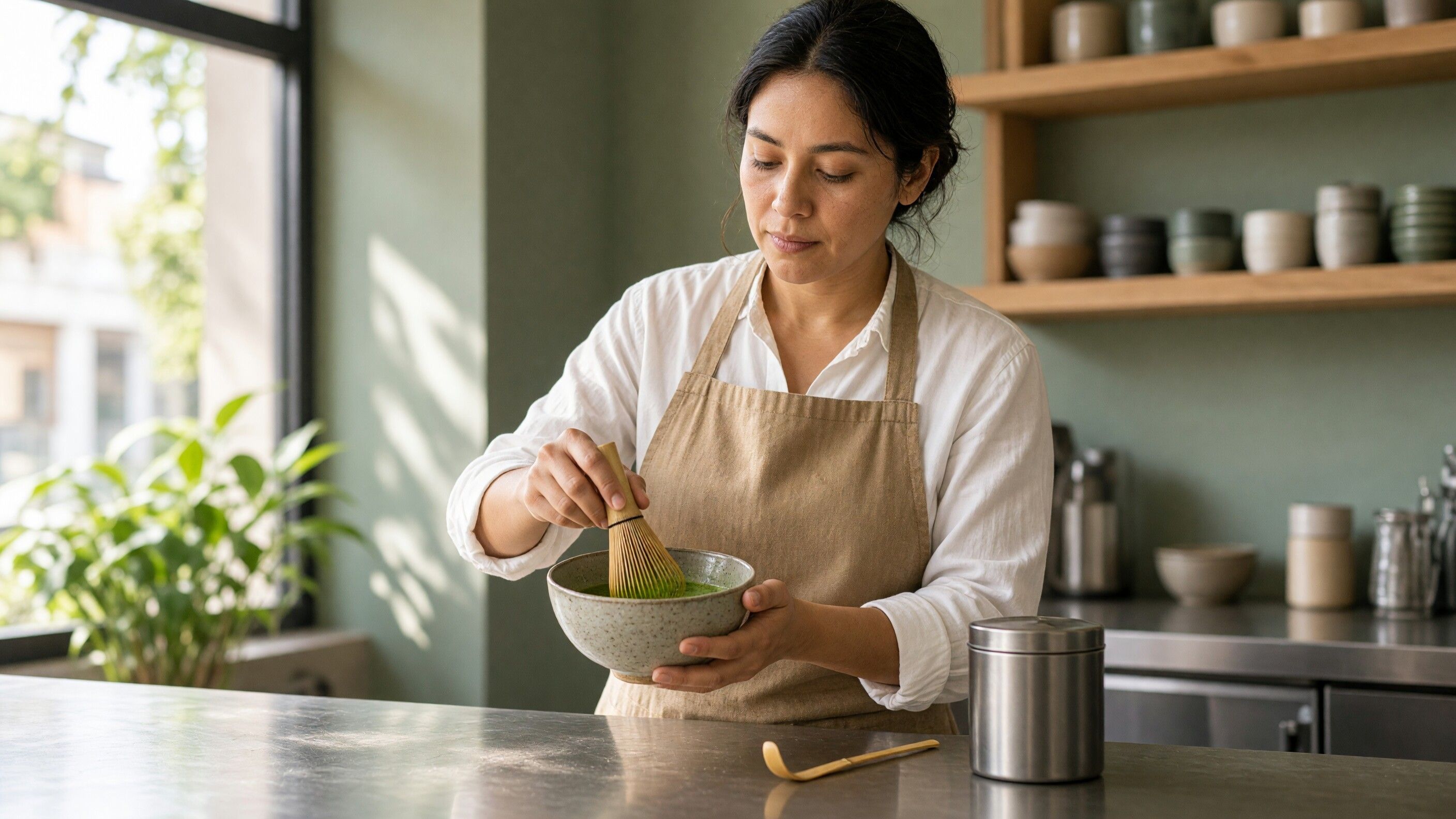 Barista whisking ceremonial matcha in a ceramic bowl with a bamboo whisk, a tin of matcha beside her