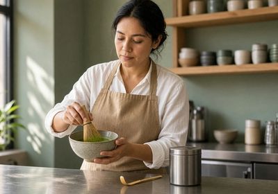 Barista whisking ceremonial matcha in a ceramic bowl with a bamboo whisk, a tin of matcha beside her