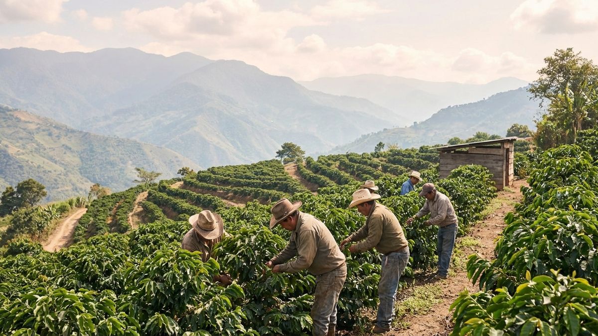 Plantación de café de alta altitud en una ladera montañosa brumosa mostrando plantas de café en terrazas con picos montañosos al fondo