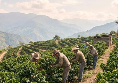Plantación de café de alta altitud en una ladera montañosa brumosa mostrando plantas de café en terrazas con picos montañosos al fondo