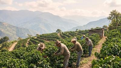 Plantation de café d'altitude sur un versant montagneux brumeux montrant des caféiers en terrasses avec des sommets en arrière-plan