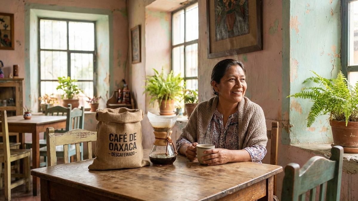 Granos de café descafeinado de especialidad premium con etiqueta de certificación Swiss Water Process y empaque elegante