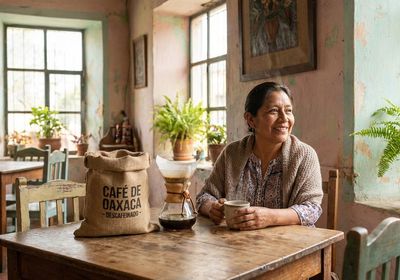 Granos de café descafeinado de especialidad premium con etiqueta de certificación Swiss Water Process y empaque elegante