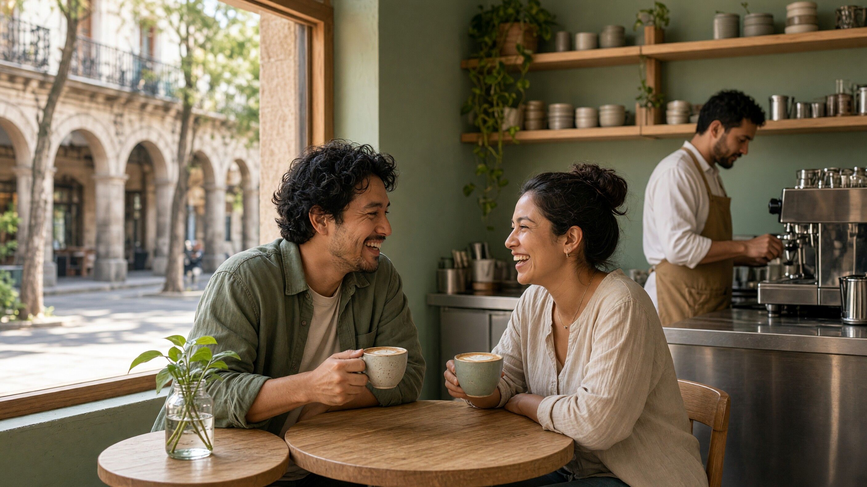 Two friends laughing over cappuccinos at a window table in a specialty café, with stone arcades of a city centre outside