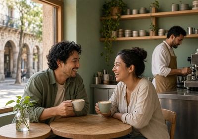 Two friends laughing over cappuccinos at a window table in a specialty café, with stone arcades of a city centre outside