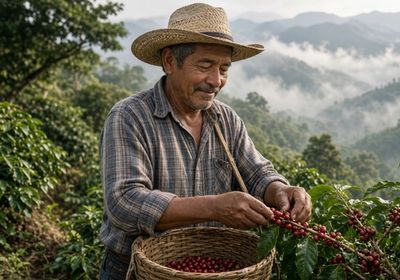 Coffee farmer in a straw hat picking ripe red cherries on a steep, misty high-altitude farm