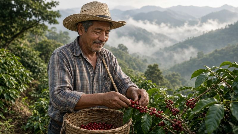 Coffee farmer in a straw hat picking ripe red cherries on a steep, misty high-altitude farm