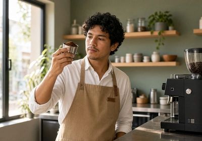 Barista holding a dosing cup of freshly ground coffee up to eye level to inspect the grind, next to a coffee grinder