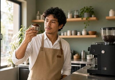 Barista revisando cafe recien molido junto a un molino, base para la molienda gruesa de prensa francesa