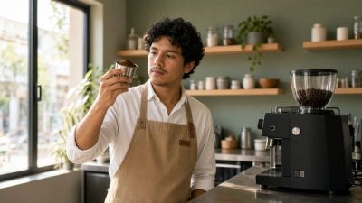 Barista checking freshly ground coffee beside a grinder, the coarse grind base for French press