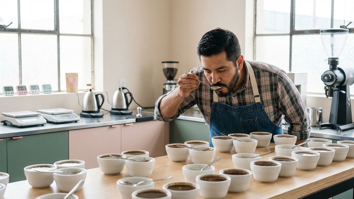 Sesión de catación de café con múltiples tazas dispuestas sobre una mesa de madera para evaluar notas de sabor