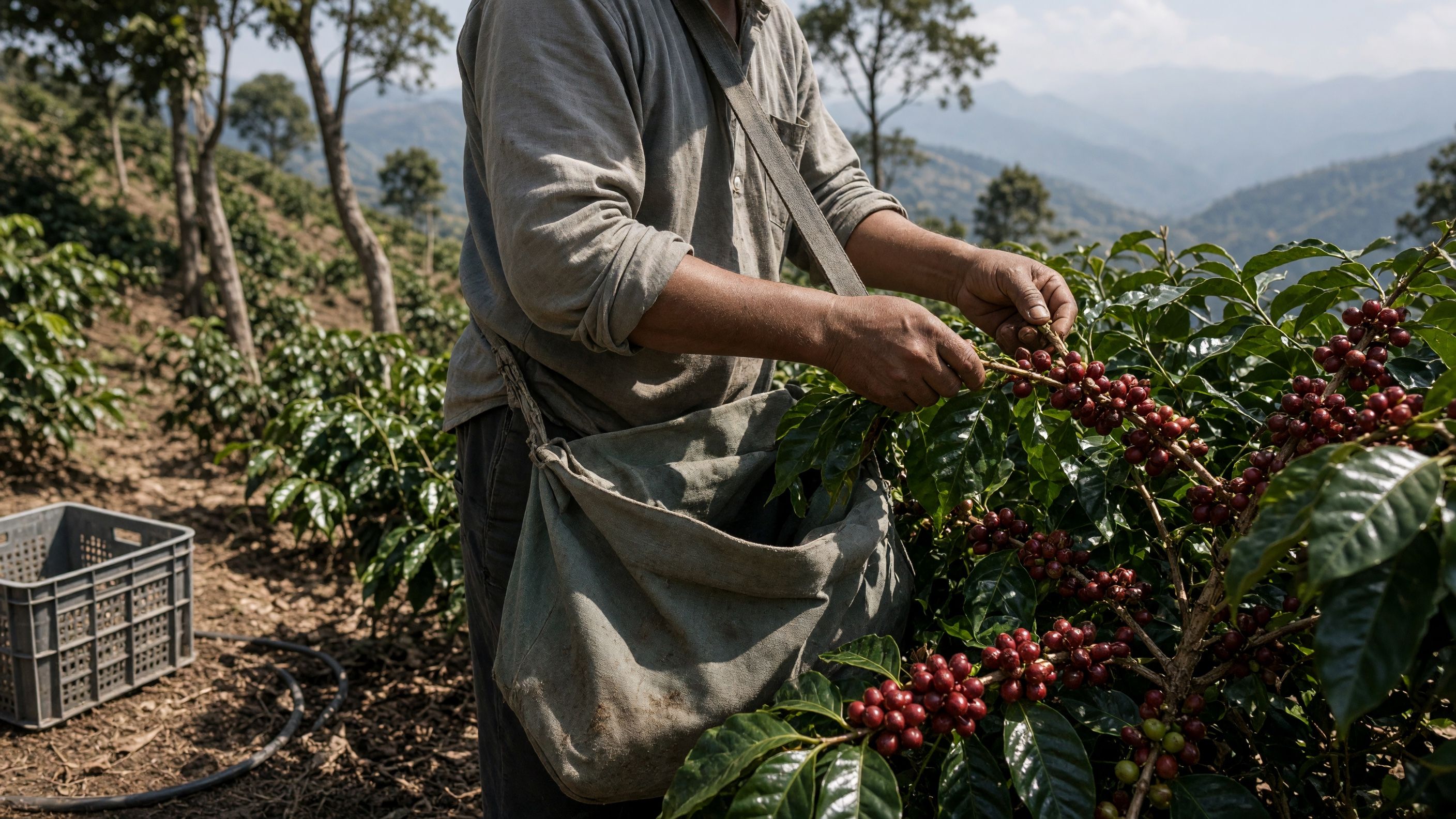 High-altitude coffee plantation on a misty mountainside showing terraced coffee plants with mountain peaks in background