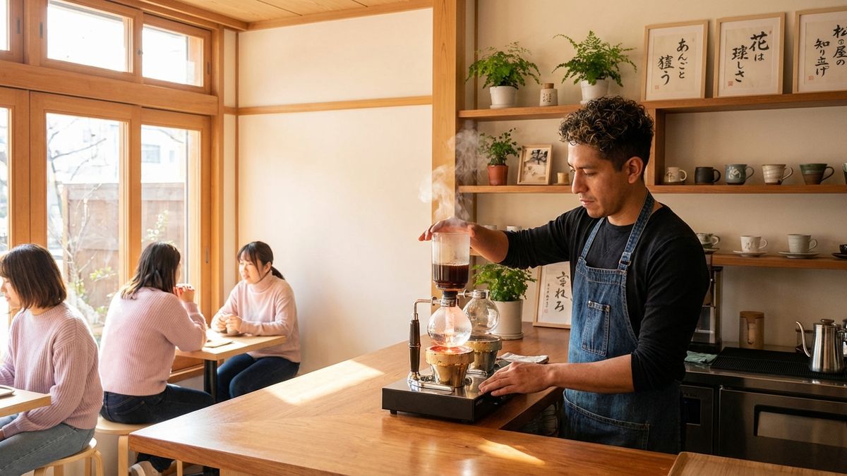 Interior de una kissaten japonesa tradicional con equipo de preparación nel drip, decoración vintage y un barista preparando cuidadosamente café de goteo lento