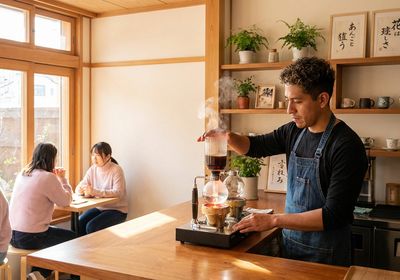 Interior de una kissaten japonesa tradicional con equipo de preparación nel drip, decoración vintage y un barista preparando cuidadosamente café de goteo lento
