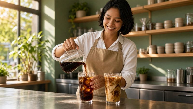 Barista pouring cold brew from a glass carafe over ice, next to a glass of iced coffee with milk